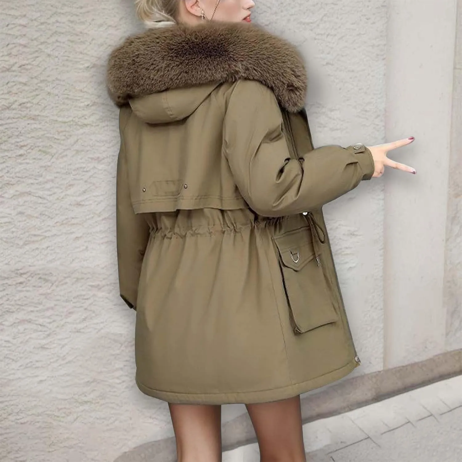 Women's Down Jackets Mid Length Thickened Quilted Puffer Jackets Padded Winter Coat Faux Fur Hooded Outerwear Pockets