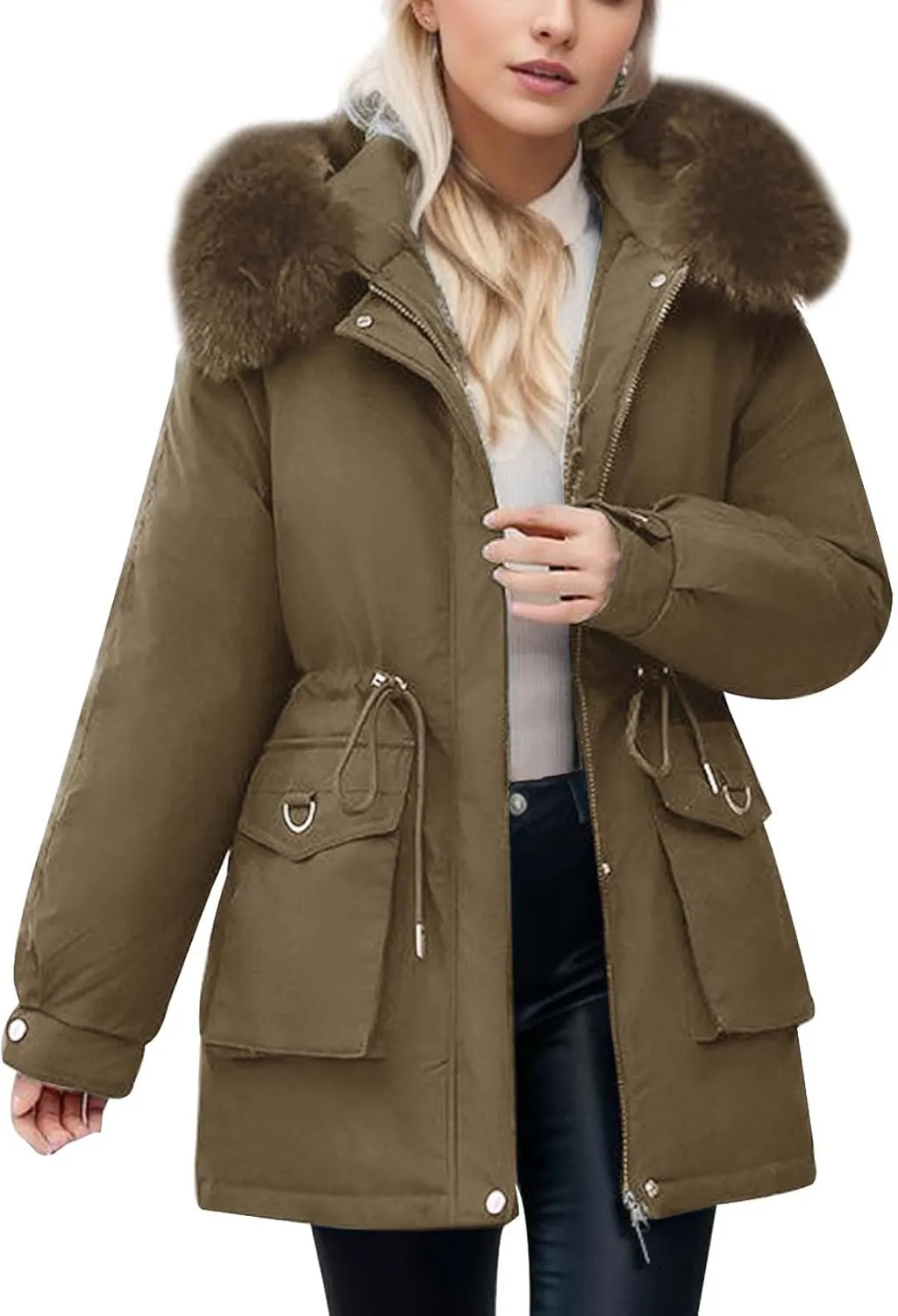 Women's Down Jackets Mid Length Thickened Quilted Puffer Jackets Padded Winter Coat Faux Fur Hooded Outerwear Pockets