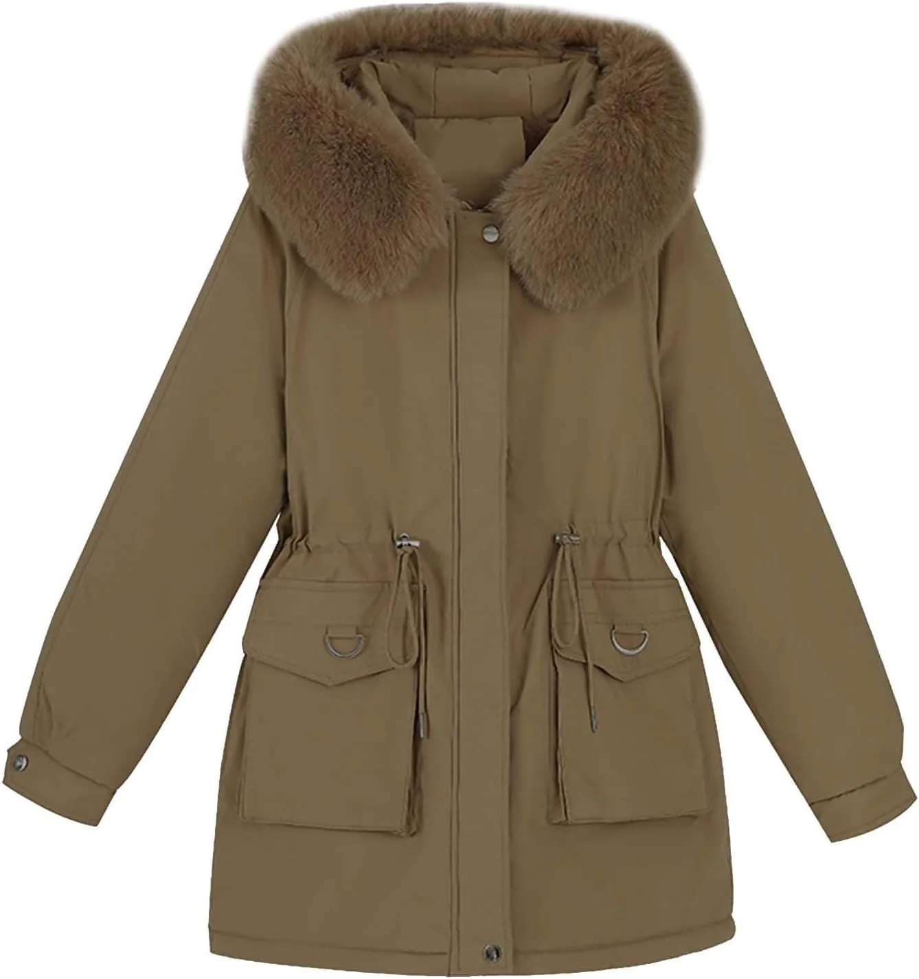 Women's Down Jackets Mid Length Thickened Quilted Puffer Jackets Padded Winter Coat Faux Fur Hooded Outerwear Pockets