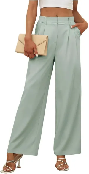 Womens Dress Pants Business Casual Wide Leg Trousers High Waist Straight Leg Pant Trendy Elastic Waist Palazzo Bottoms