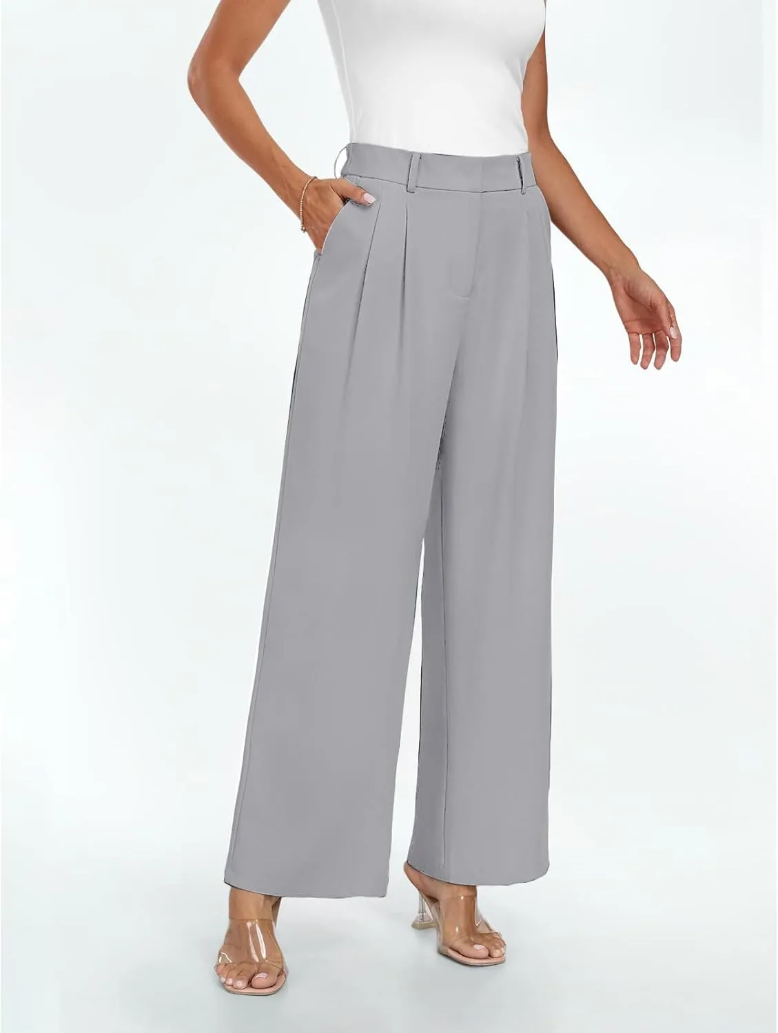 Womens Dress Pants Business Casual Wide Leg Trousers High Waist Straight Leg Pant Trendy Elastic Waist Palazzo Bottoms