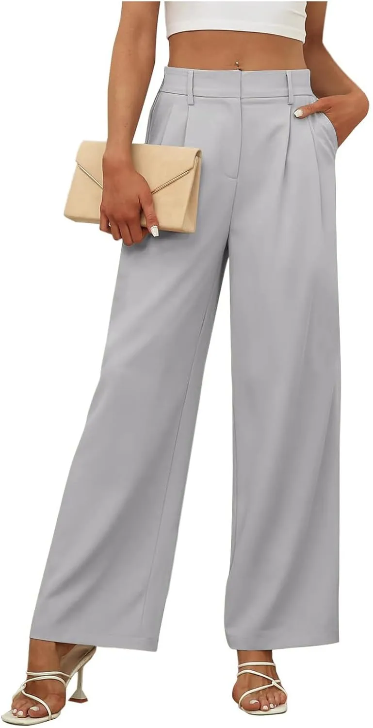 Womens Dress Pants Business Casual Wide Leg Trousers High Waist Straight Leg Pant Trendy Elastic Waist Palazzo Bottoms