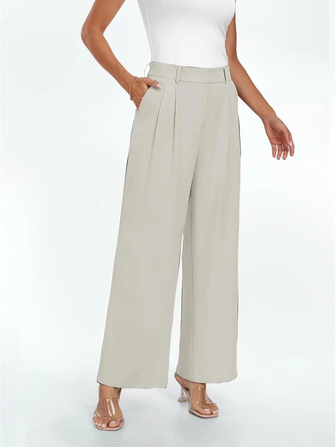 Womens Dress Pants Business Casual Wide Leg Trousers High Waist Straight Leg Pant Trendy Elastic Waist Palazzo Bottoms
