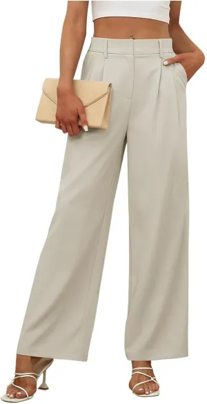 Womens Dress Pants Business Casual Wide Leg Trousers High Waist Straight Leg Pant Trendy Elastic Waist Palazzo Bottoms