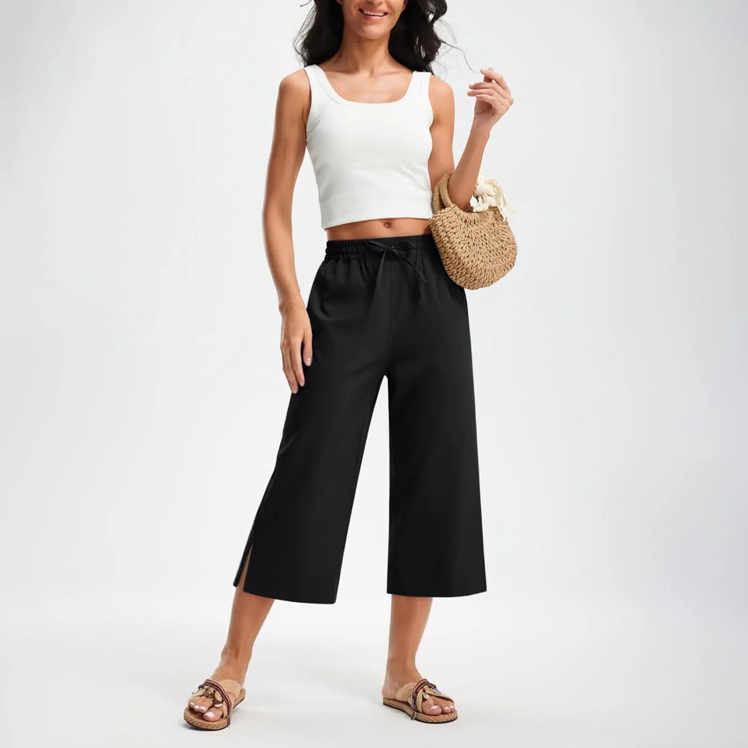 Women's Elastic Drawstring Waist Crop Pants 2025 Trendy Capri Sweatpants Loose Fit Comfort Cropped Pant with Pocket
