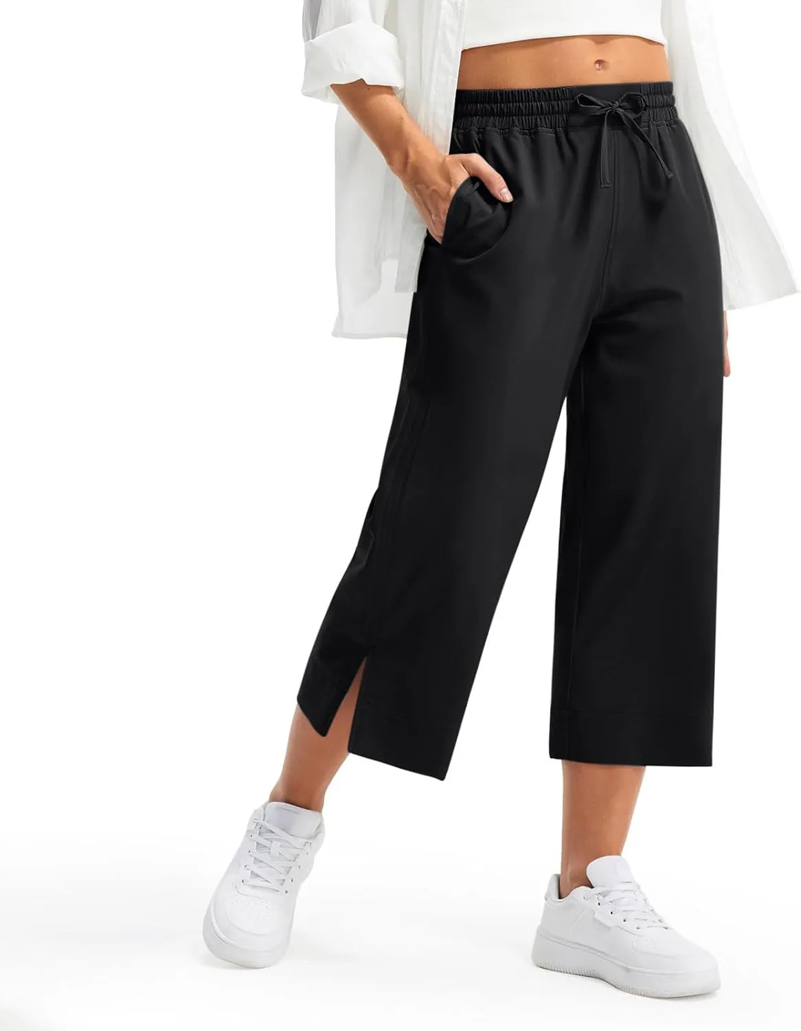Women's Elastic Drawstring Waist Crop Pants 2025 Trendy Capri Sweatpants Loose Fit Comfort Cropped Pant with Pocket