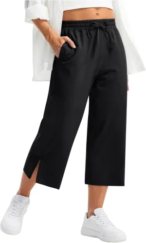 Women's Elastic Drawstring Waist Crop Pants 2025 Trendy Capri Sweatpants Loose Fit Comfort Cropped Pant with Pocket