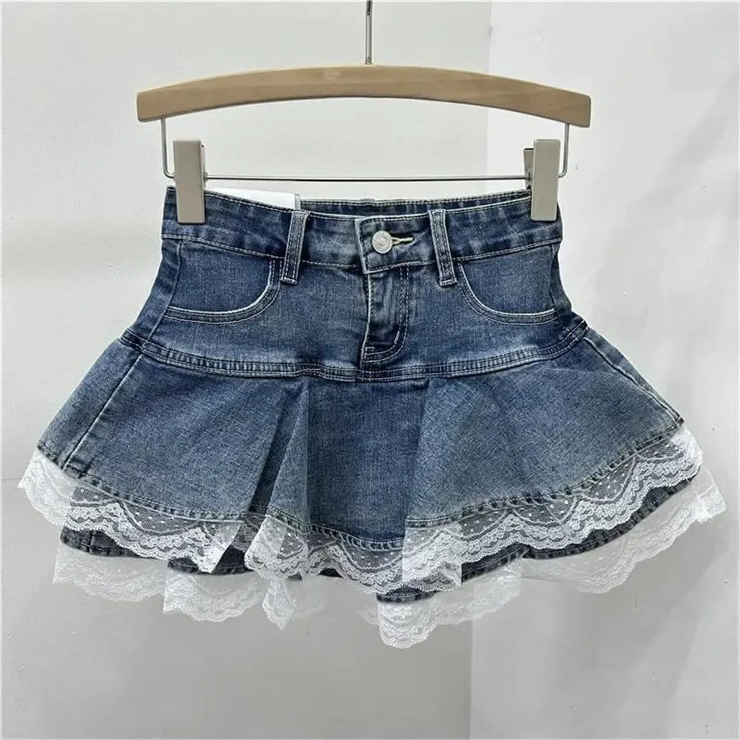 Women's Elastic Lace Trim Denim Mini Skirt A- Line Flared Cake High Waist Short Skirt
