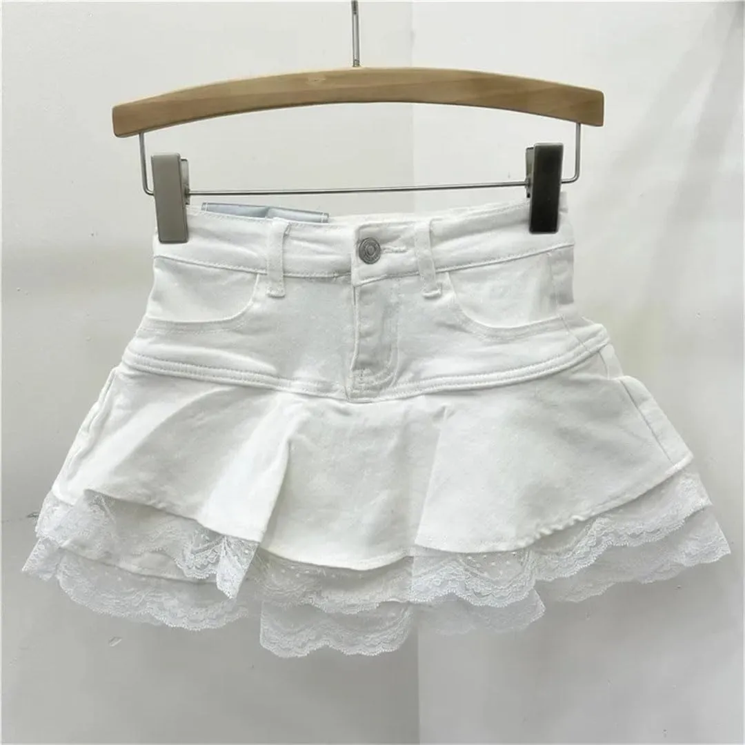Women's Elastic Lace Trim Denim Mini Skirt A- Line Flared Cake High Waist Short Skirt