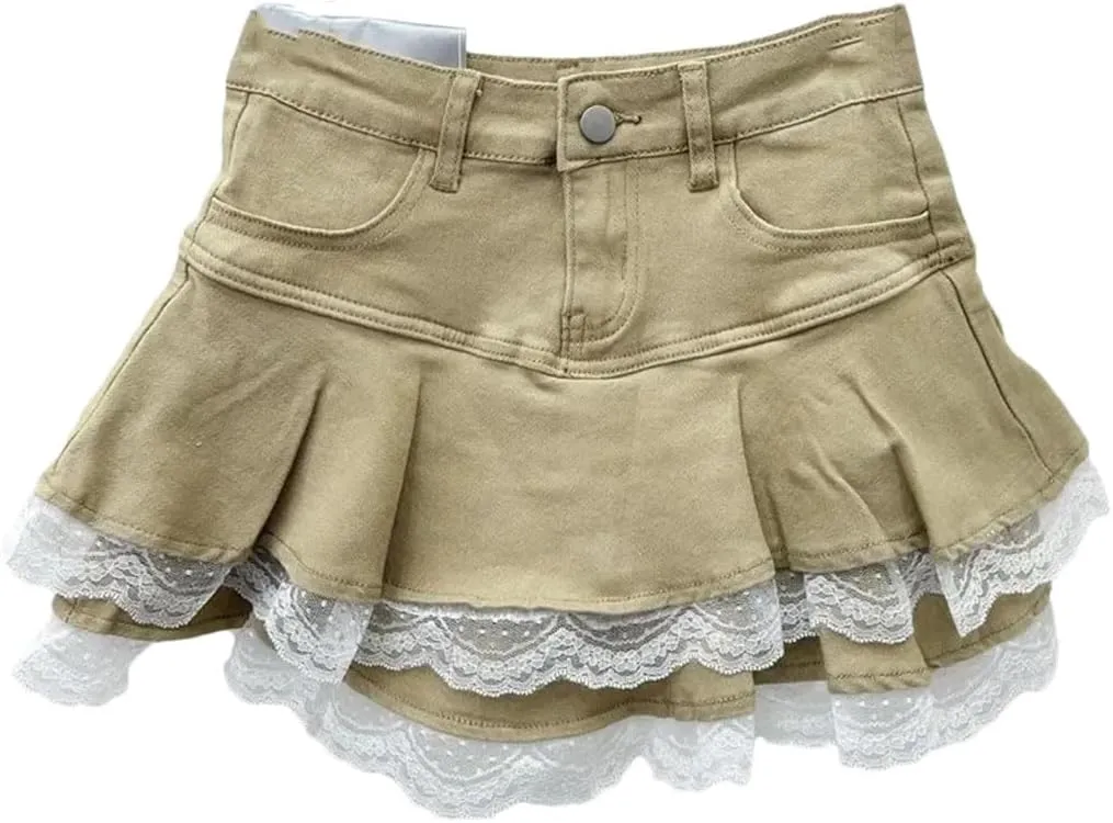 Women's Elastic Lace Trim Denim Mini Skirt A- Line Flared Cake High Waist Short Skirt