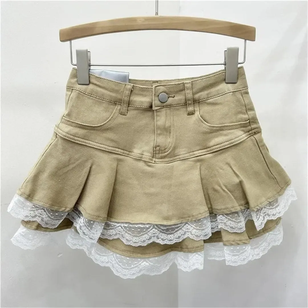 Women's Elastic Lace Trim Denim Mini Skirt A- Line Flared Cake High Waist Short Skirt