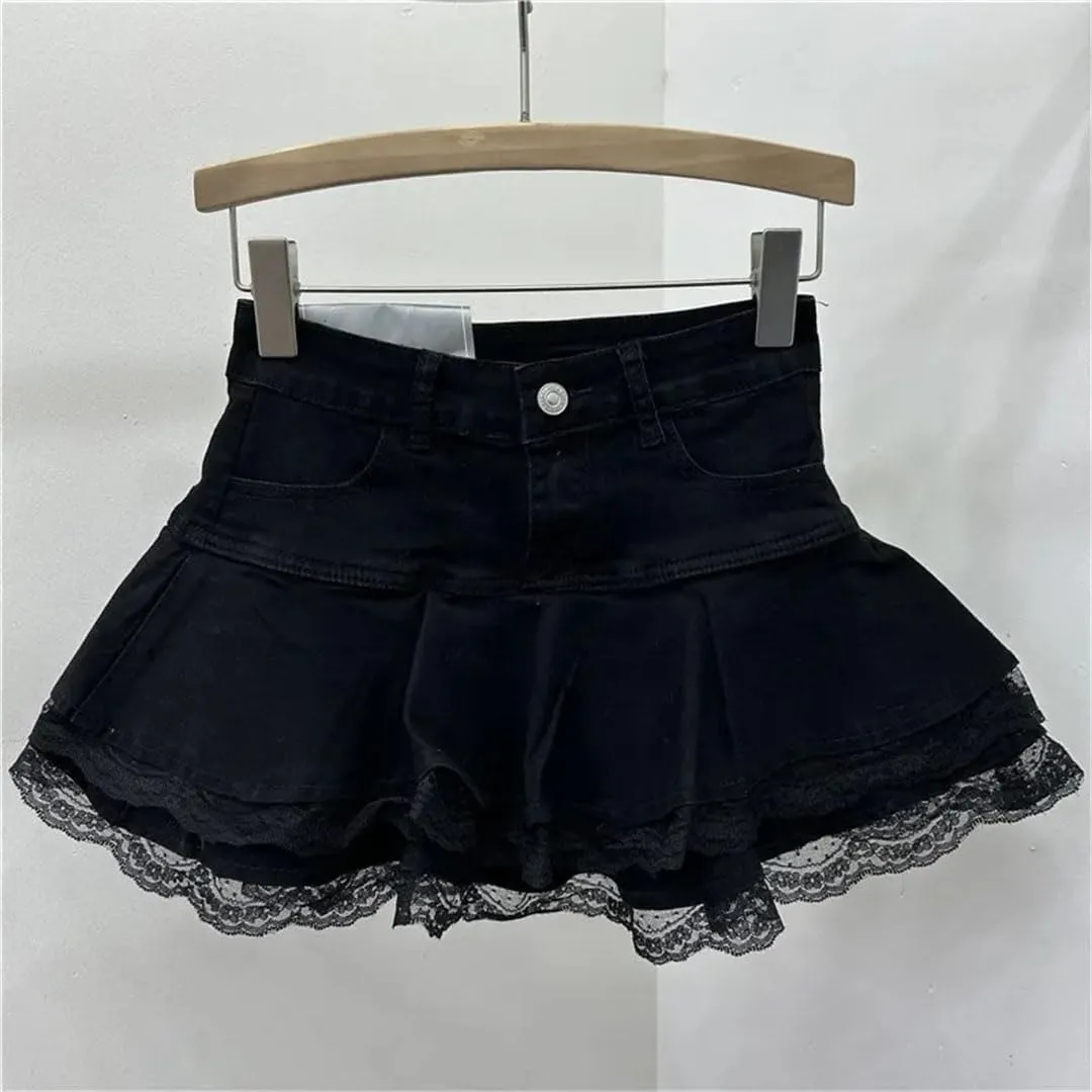 Women's Elastic Lace Trim Denim Mini Skirt A- Line Flared Cake High Waist Short Skirt