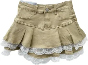 Women's Elastic Lace Trim Denim Mini Skirt A- Line Flared Cake High Waist Short Skirt