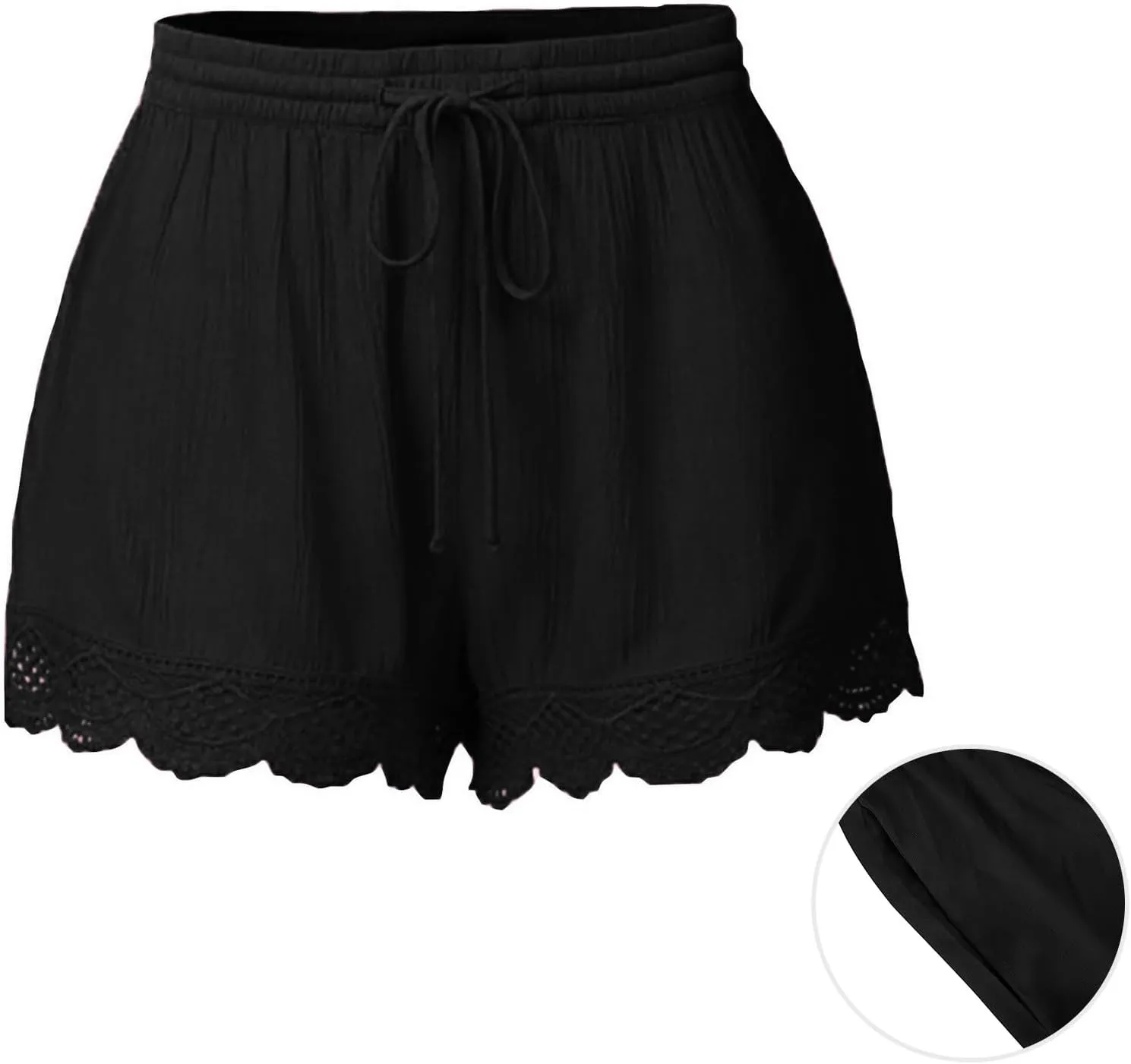 Womens Elastic Waist Lace Trim Shorts with Pockets Summer Casual High Waist Beach Lace Lounge Shorts Pants Plus Size