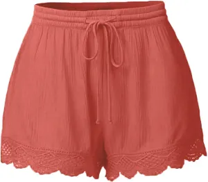 Womens Elastic Waist Lace Trim Shorts with Pockets Summer Casual High Waist Beach Lace Lounge Shorts Pants Plus Size