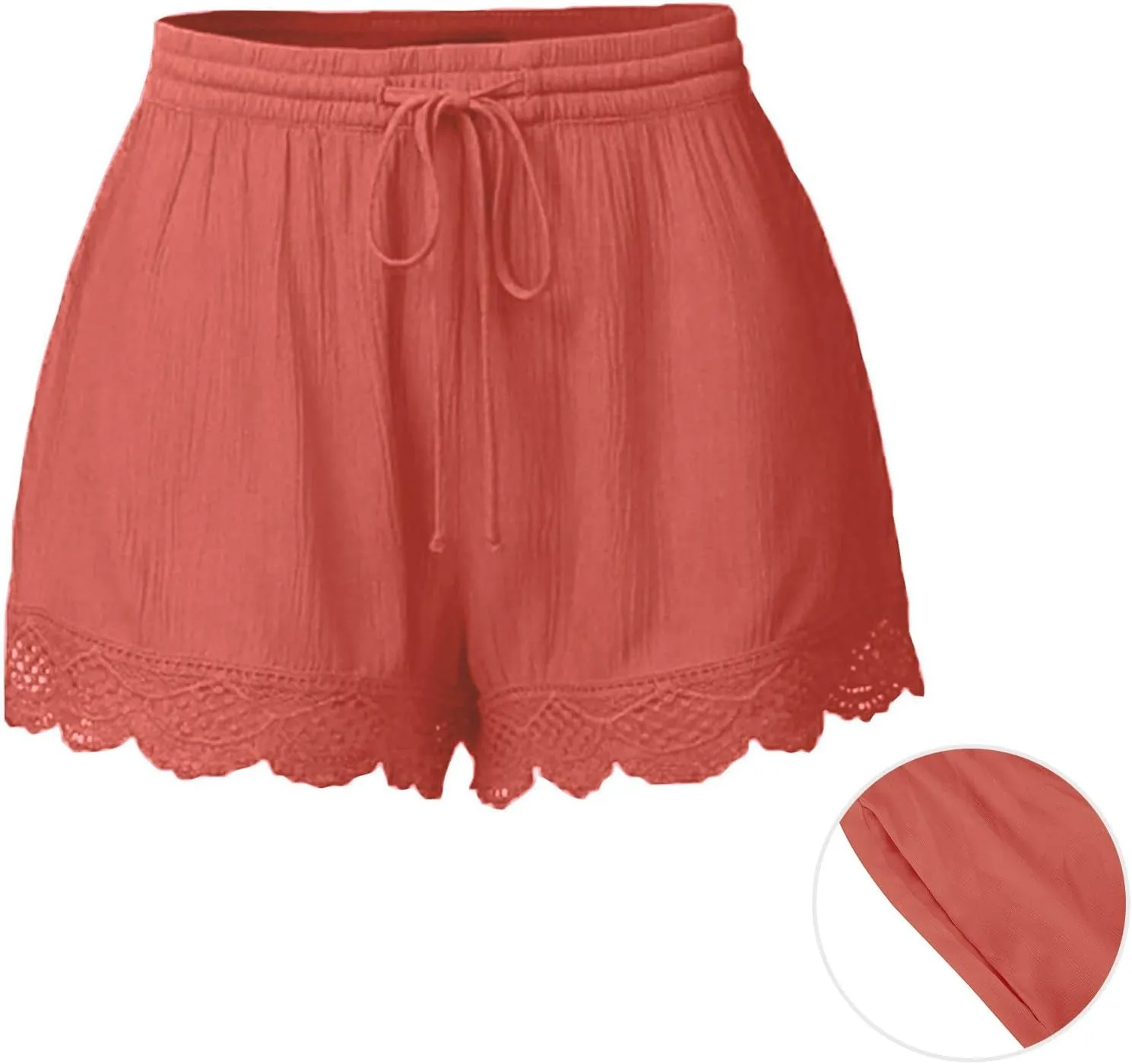 Womens Elastic Waist Lace Trim Shorts with Pockets Summer Casual High Waist Beach Lace Lounge Shorts Pants Plus Size