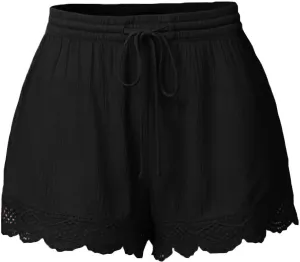 Womens Elastic Waist Lace Trim Shorts with Pockets Summer Casual High Waist Beach Lace Lounge Shorts Pants Plus Size