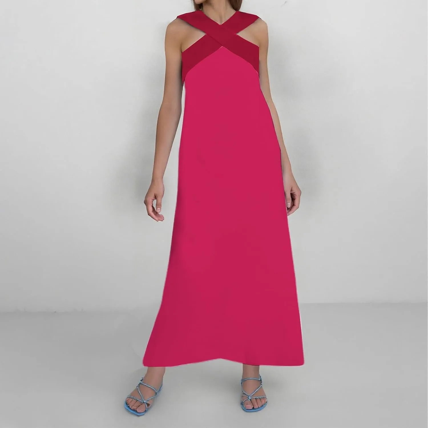Women's Elegant Neckline Open Back Evening Dress Plus Size Dresses Color Peach