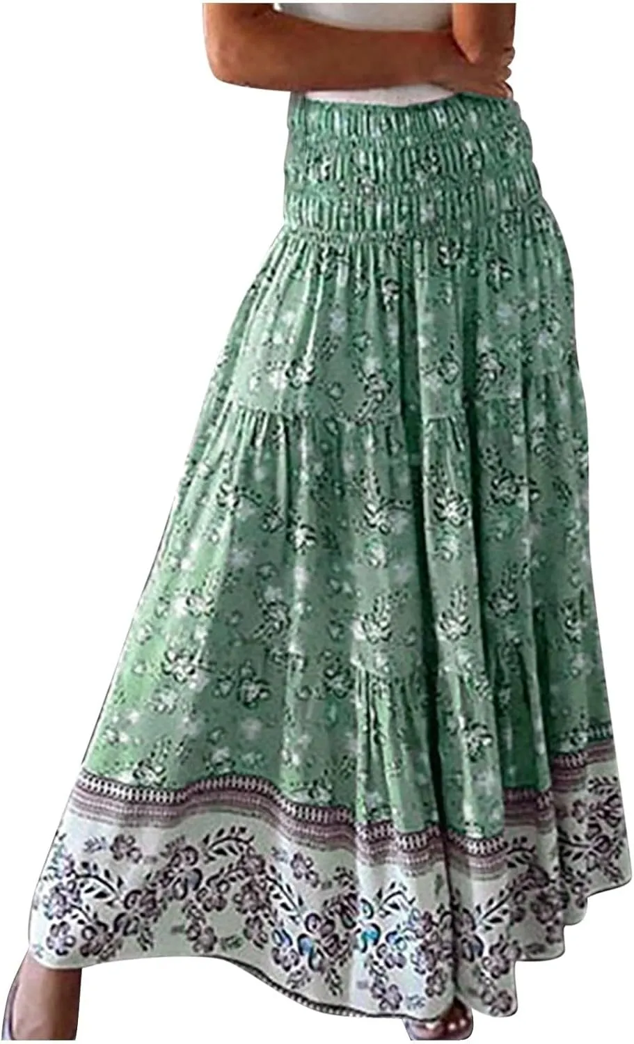 Women's Fashion Maxi Skirts Solid Color Beach High Waist Bohemian A-Line Layered Halter Flowy Skirt