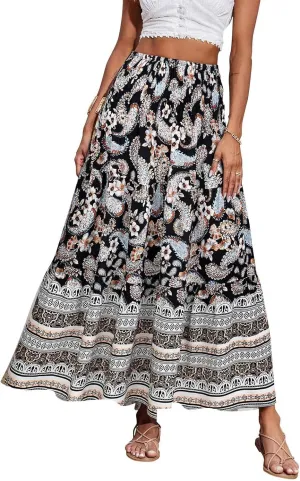 Women's Fashion Maxi Skirts Solid Color Beach High Waist Bohemian A-Line Layered Halter Flowy Skirt
