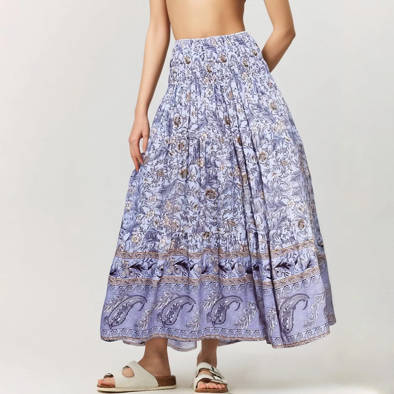 Women's Fashion Maxi Skirts Solid Color Beach High Waist Bohemian A-Line Layered Halter Flowy Skirt