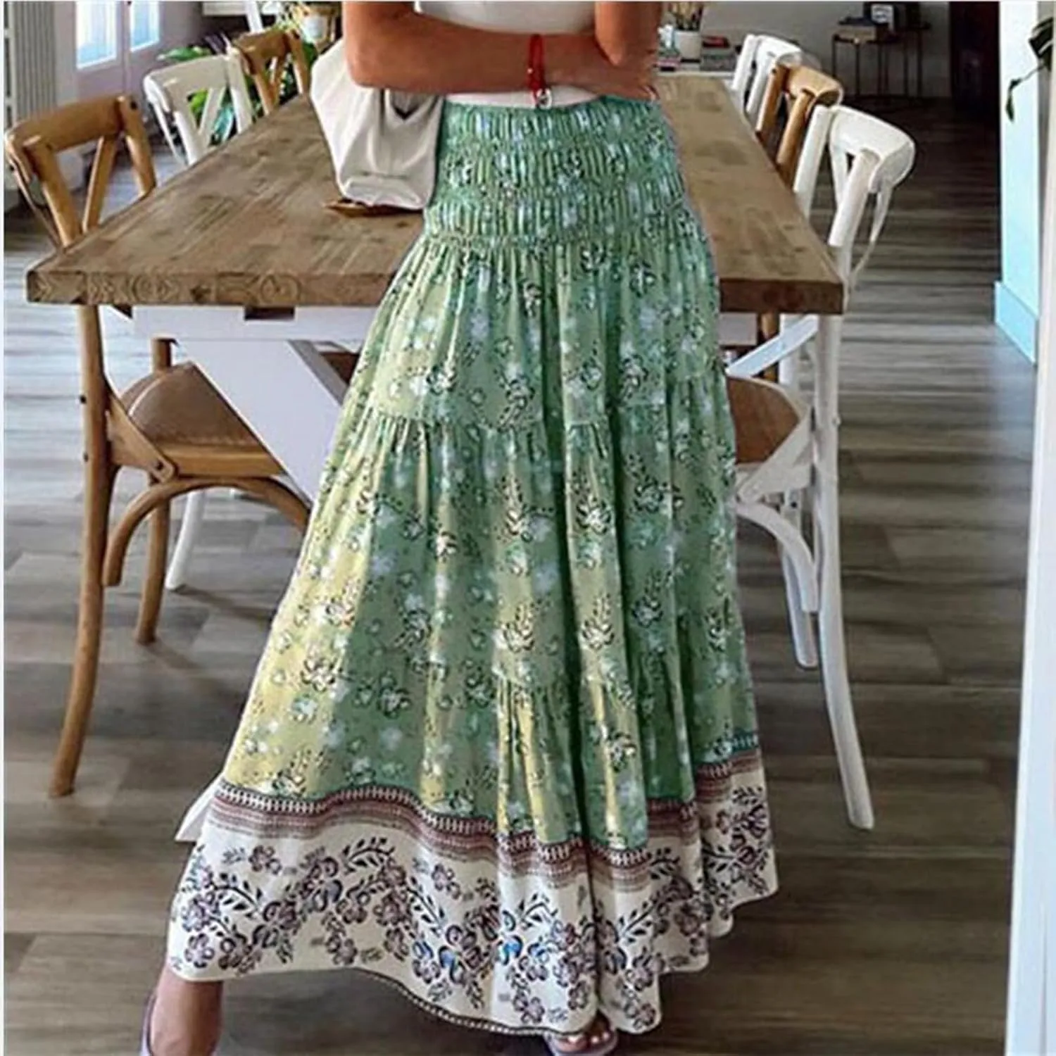 Women's Fashion Maxi Skirts Solid Color Beach High Waist Bohemian A-Line Layered Halter Flowy Skirt