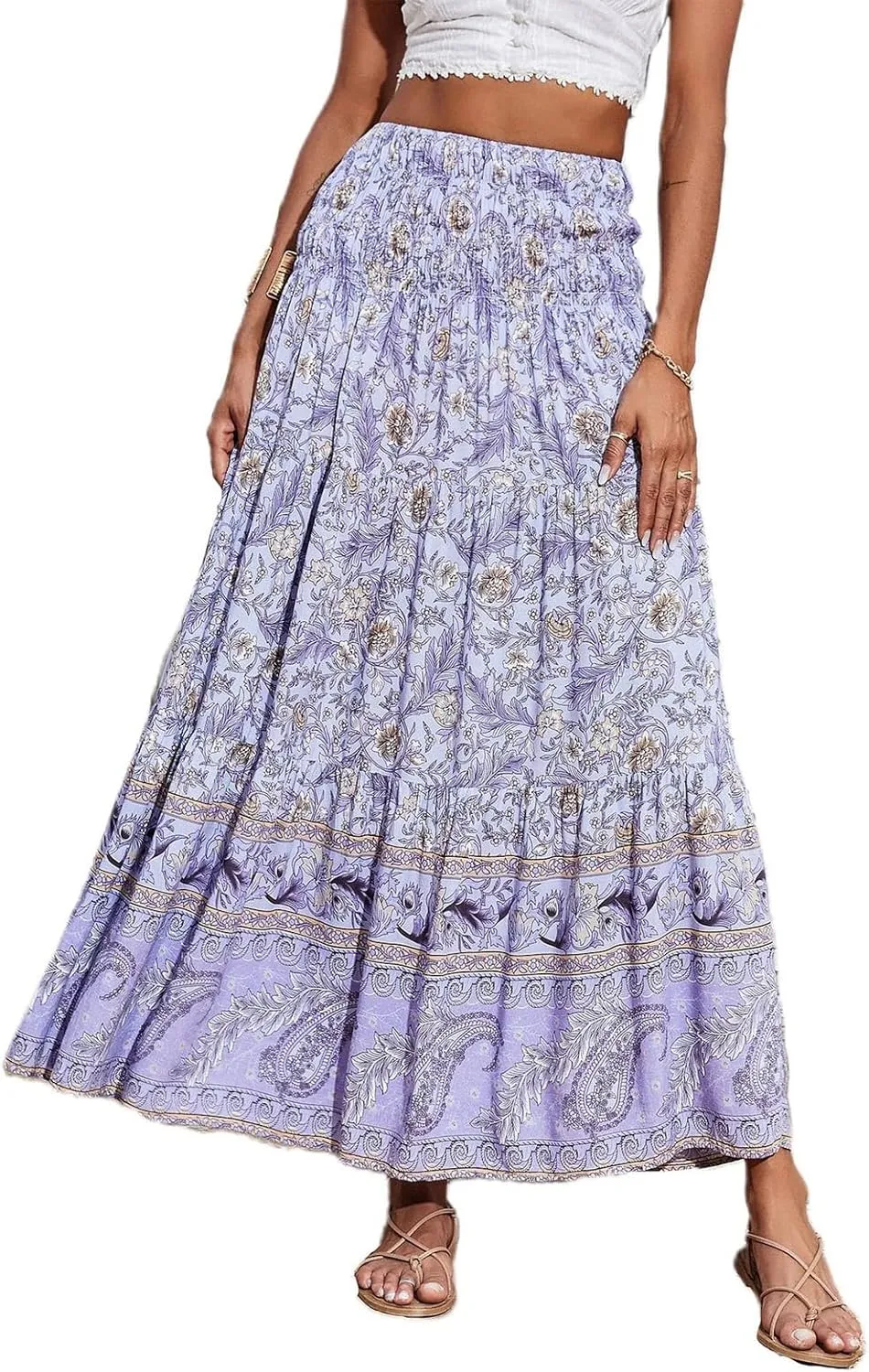Women's Fashion Maxi Skirts Solid Color Beach High Waist Bohemian A-Line Layered Halter Flowy Skirt