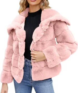 Women's Faux Fur Cropped Coat Long Sleeve Open Front Winter Jacket Plus Size Fluffy Puffer Zip Up Teddy Overcoat