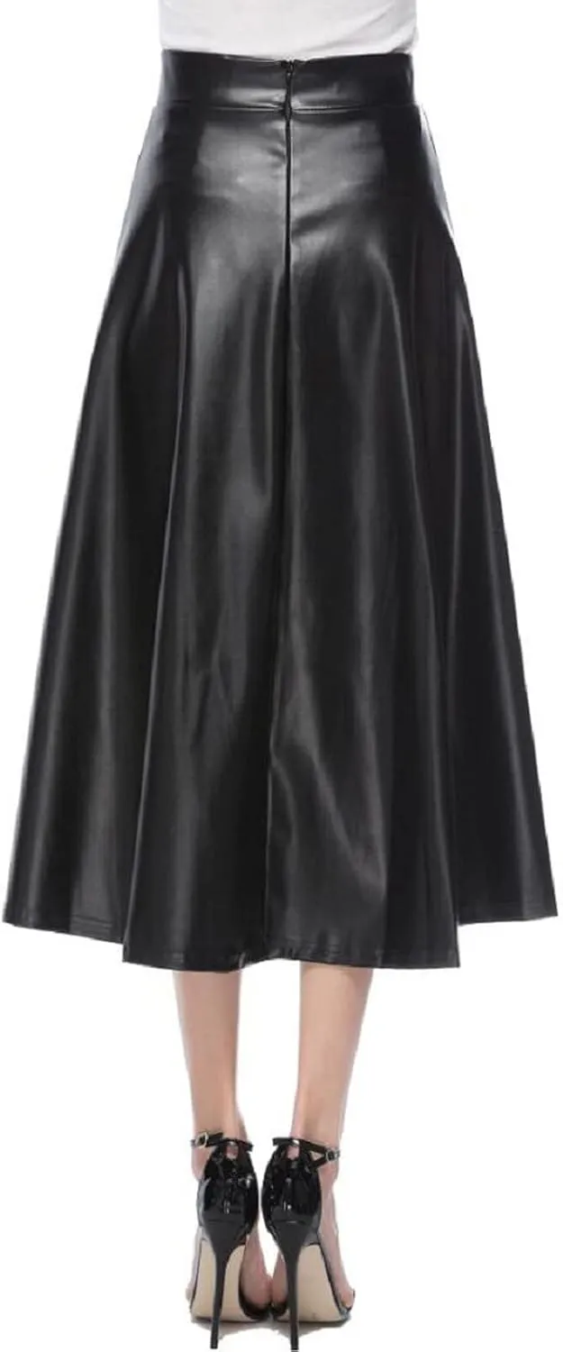 Womens Faux Leather Maxi Skirts Fashion Solid Versatile Zip Back Ruched Midi Skirt Soft Comfy A Line Skirt 2025 Skirt