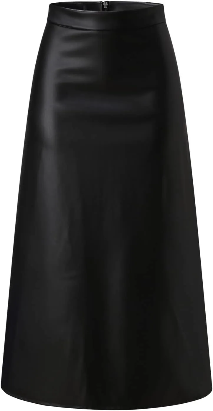 Womens Faux Leather Maxi Skirts Fashion Solid Versatile Zip Back Ruched Midi Skirt Soft Comfy A Line Skirt 2025 Skirt