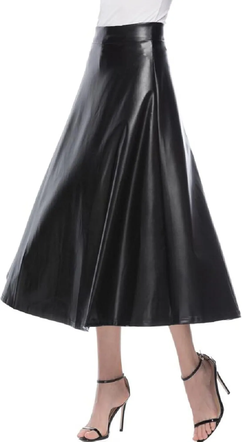 Womens Faux Leather Maxi Skirts Fashion Solid Versatile Zip Back Ruched Midi Skirt Soft Comfy A Line Skirt 2025 Skirt