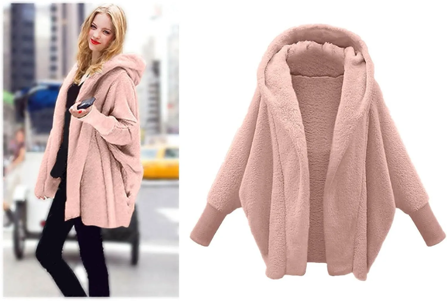 Women's Fleece Jacket Fashion Bat Sleeve Hooded Sweatshirt Solid Color Velvet Full Zip Jacket Open Front Outerwear