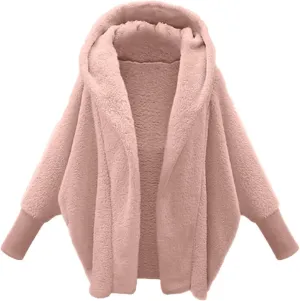 Women's Fleece Jacket Fashion Bat Sleeve Hooded Sweatshirt Solid Color Velvet Full Zip Jacket Open Front Outerwear