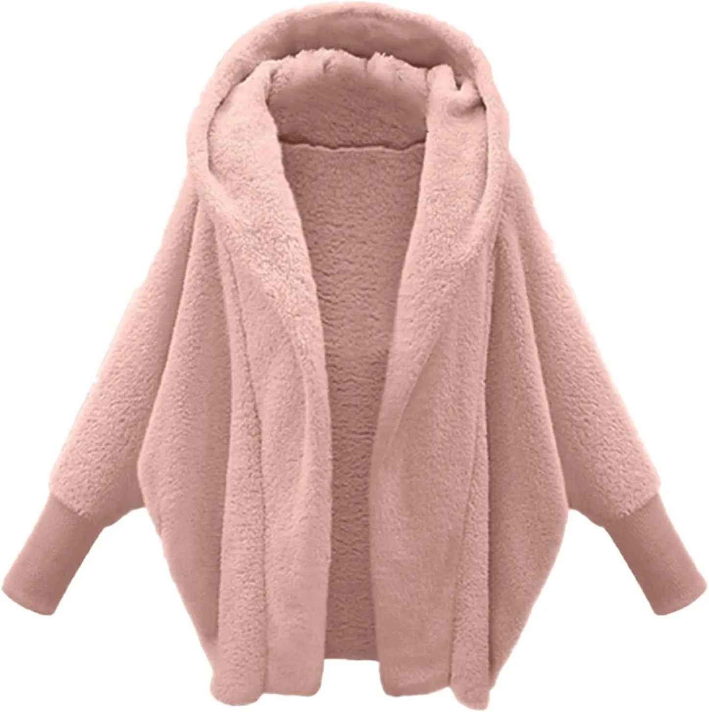 Women's Fleece Jacket Fashion Bat Sleeve Hooded Sweatshirt Solid Color Velvet Full Zip Jacket Open Front Outerwear