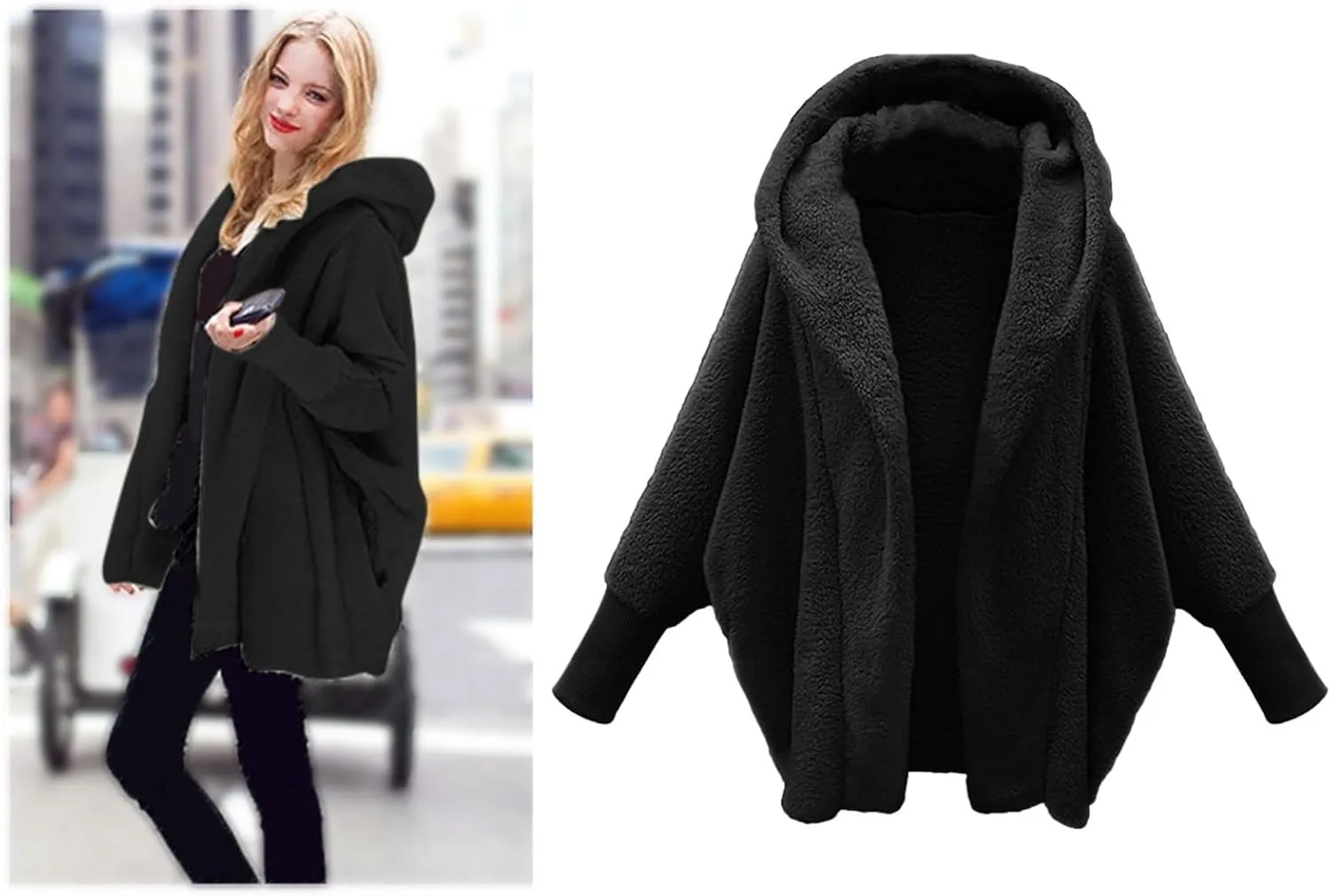 Women's Fleece Jacket Fashion Bat Sleeve Hooded Sweatshirt Solid Color Velvet Full Zip Jacket Open Front Outerwear