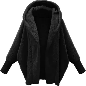 Women's Fleece Jacket Fashion Bat Sleeve Hooded Sweatshirt Solid Color Velvet Full Zip Jacket Open Front Outerwear