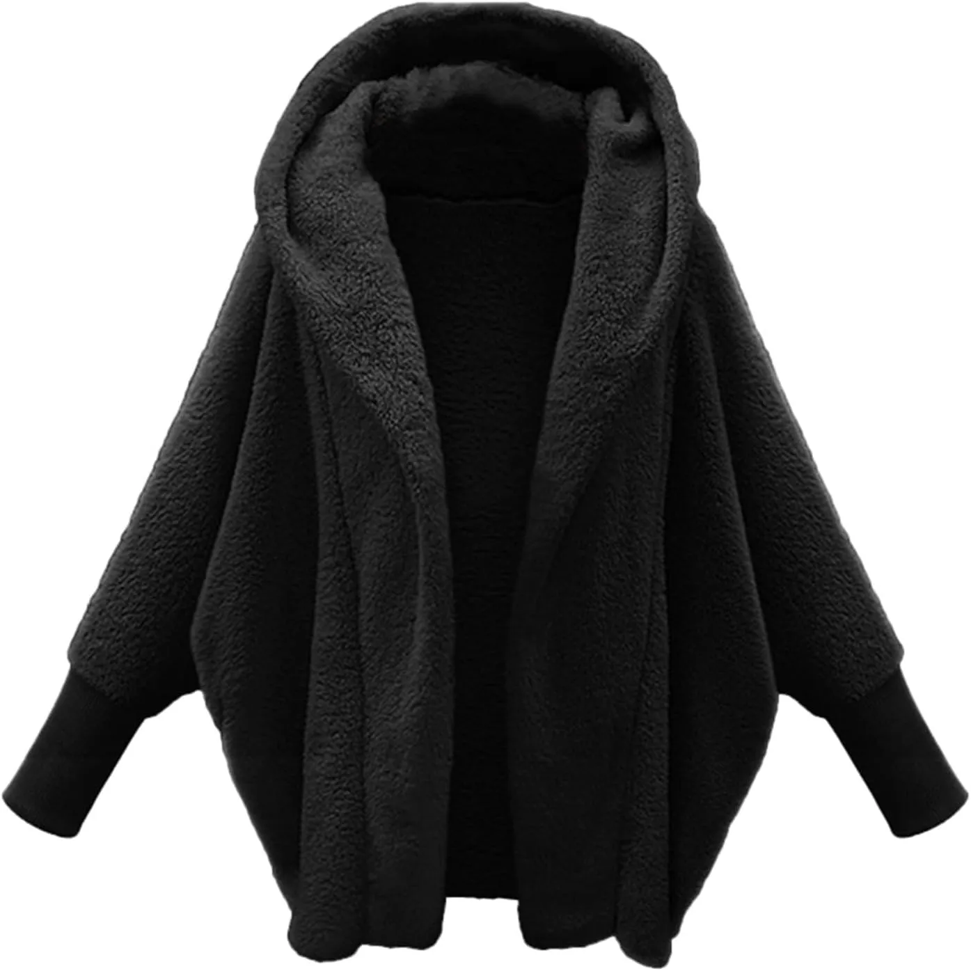 Women's Fleece Jacket Fashion Bat Sleeve Hooded Sweatshirt Solid Color Velvet Full Zip Jacket Open Front Outerwear
