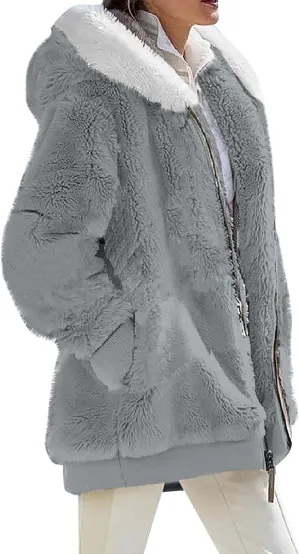 Womens Fleece Jacket Full Zip Fluffy Hoodie Winter Hooded Cardiagan Coat Sherpa Jacket with Pockets