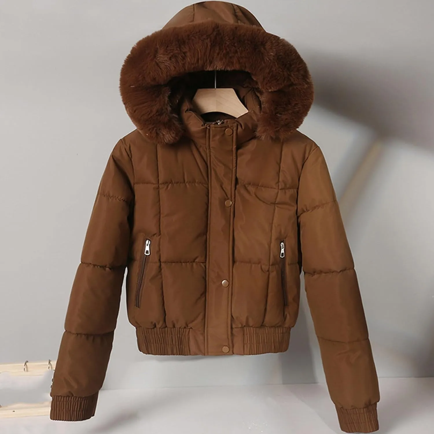 Womens Fleece Lined Puffer Jacket Cropped Down Jacket Fur Hood Winter Jacket Zip up Quilted Jacket Winter Padded Jacket