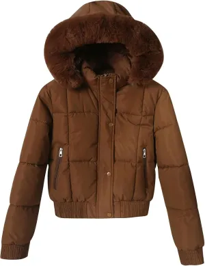 Womens Fleece Lined Puffer Jacket Cropped Down Jacket Fur Hood Winter Jacket Zip up Quilted Jacket Winter Padded Jacket