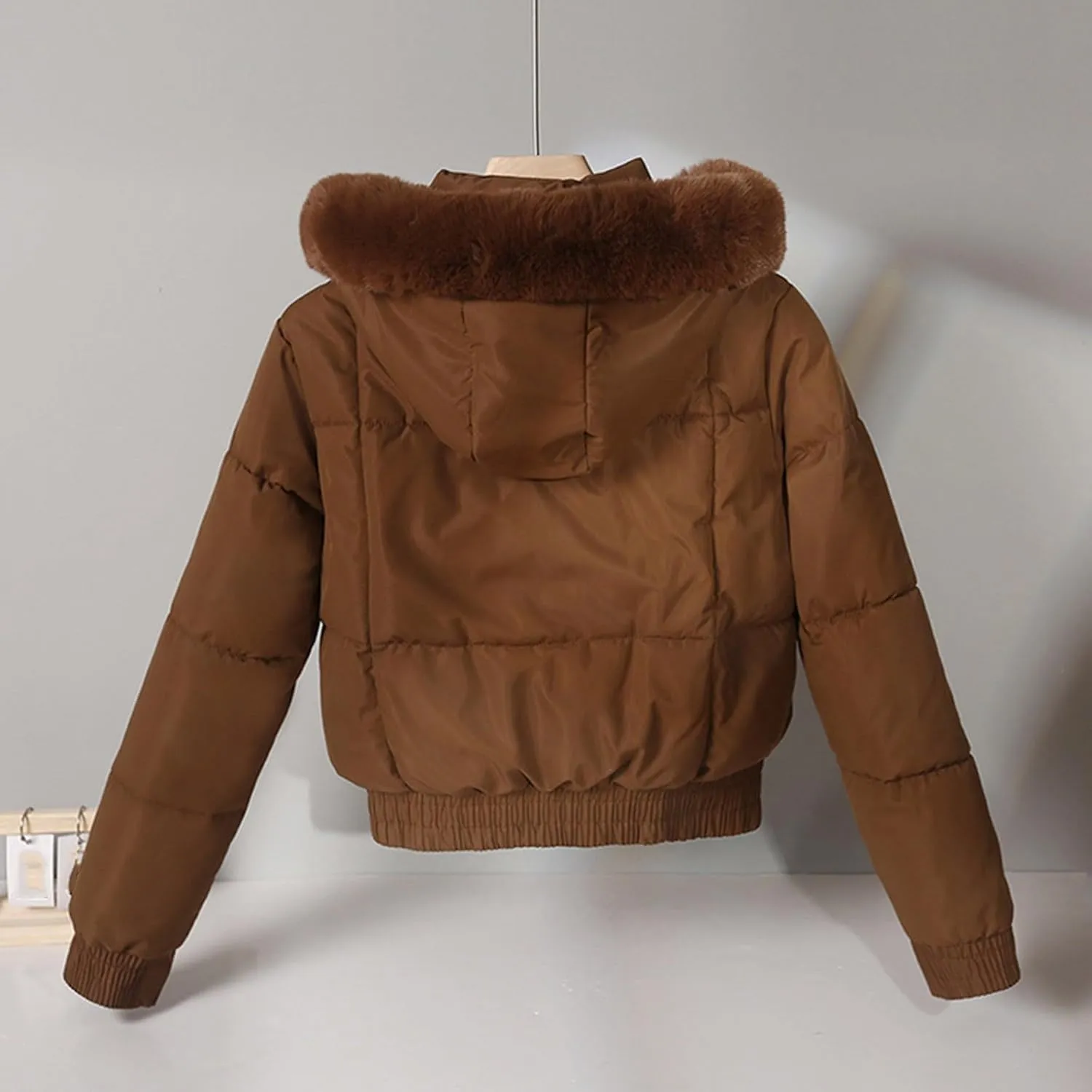 Womens Fleece Lined Puffer Jacket Cropped Down Jacket Fur Hood Winter Jacket Zip up Quilted Jacket Winter Padded Jacket