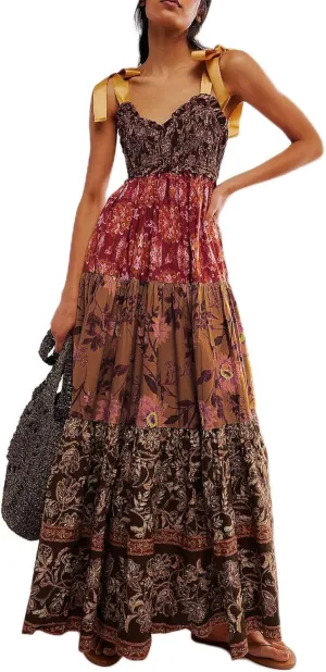 Women's Floral Maxi Dress Shoulder Tie Strap Backless Tiered A-Line Flowy Boho Dresses Cute Summer Long Sundress
