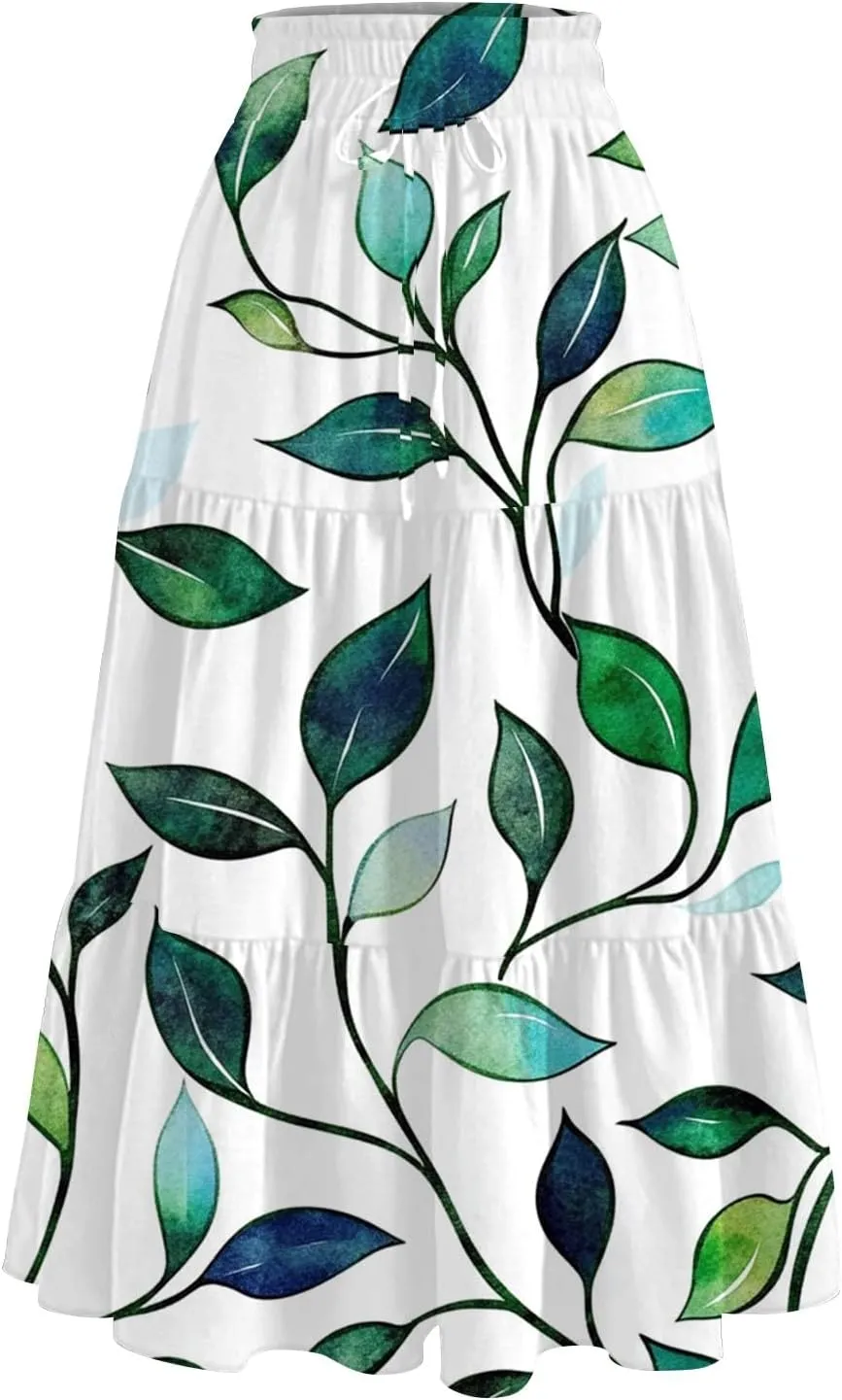 Women's Flowy Midi Skirt 2025 Summer High Waisted Tie Print Smocked Beach Long Skirts with Pockets, S-2XL