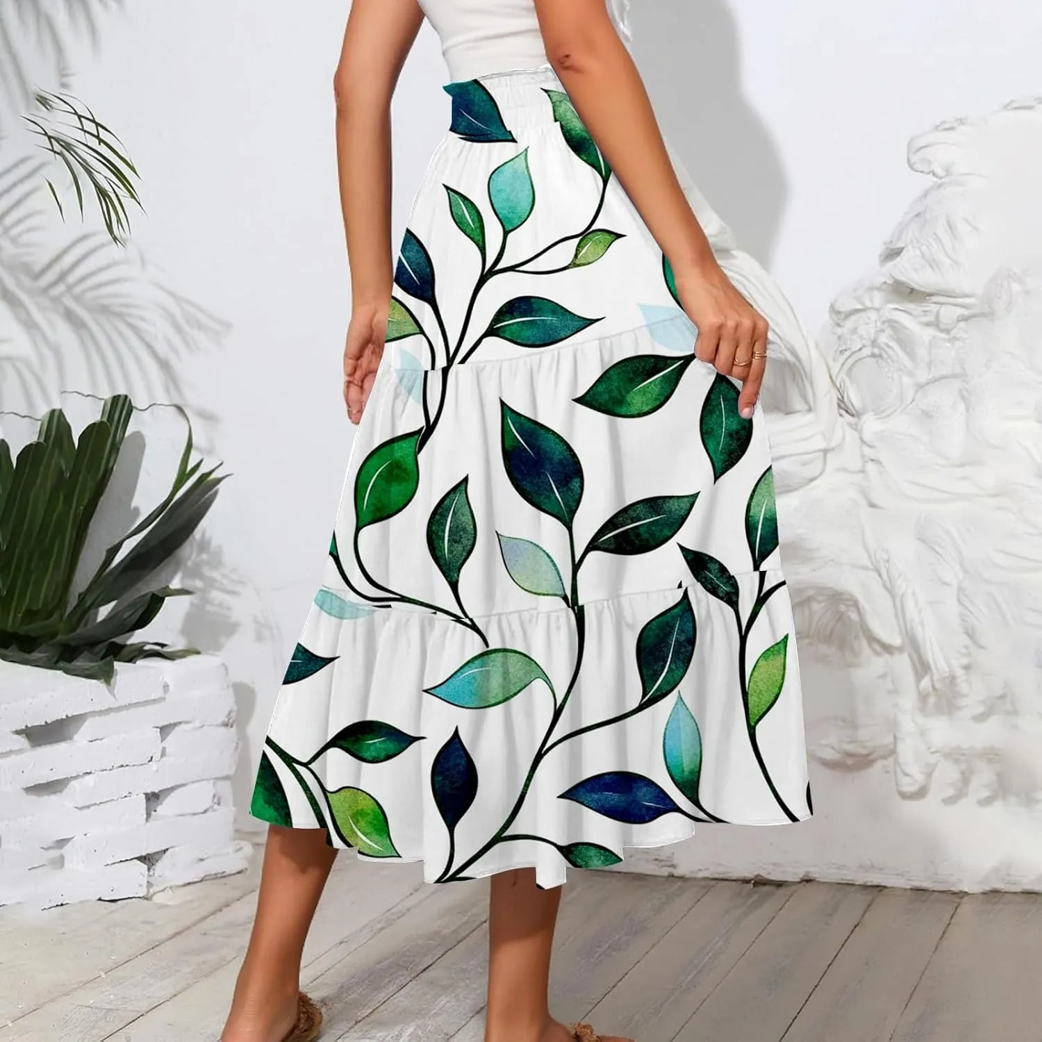 Women's Flowy Midi Skirt 2025 Summer High Waisted Tie Print Smocked Beach Long Skirts with Pockets, S-2XL