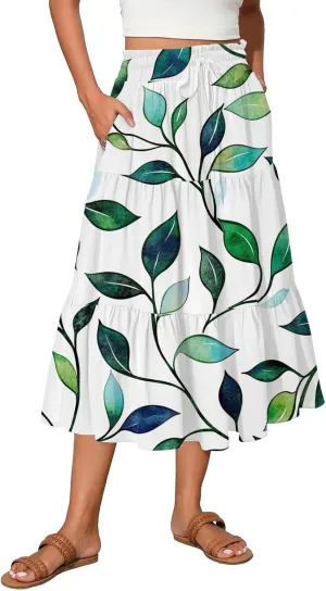 Women's Flowy Midi Skirt 2025 Summer High Waisted Tie Print Smocked Beach Long Skirts with Pockets, S-2XL