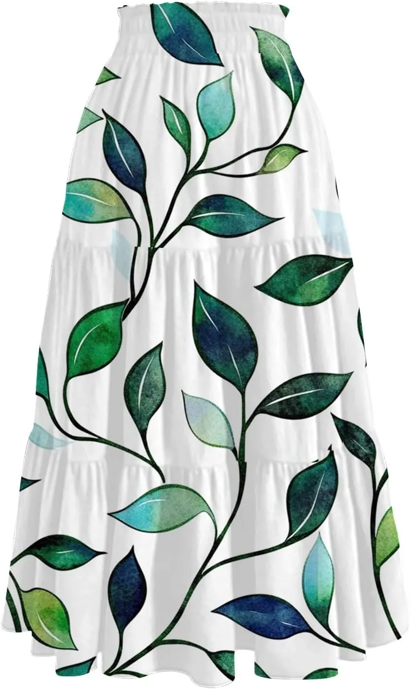 Women's Flowy Midi Skirt 2025 Summer High Waisted Tie Print Smocked Beach Long Skirts with Pockets, S-2XL