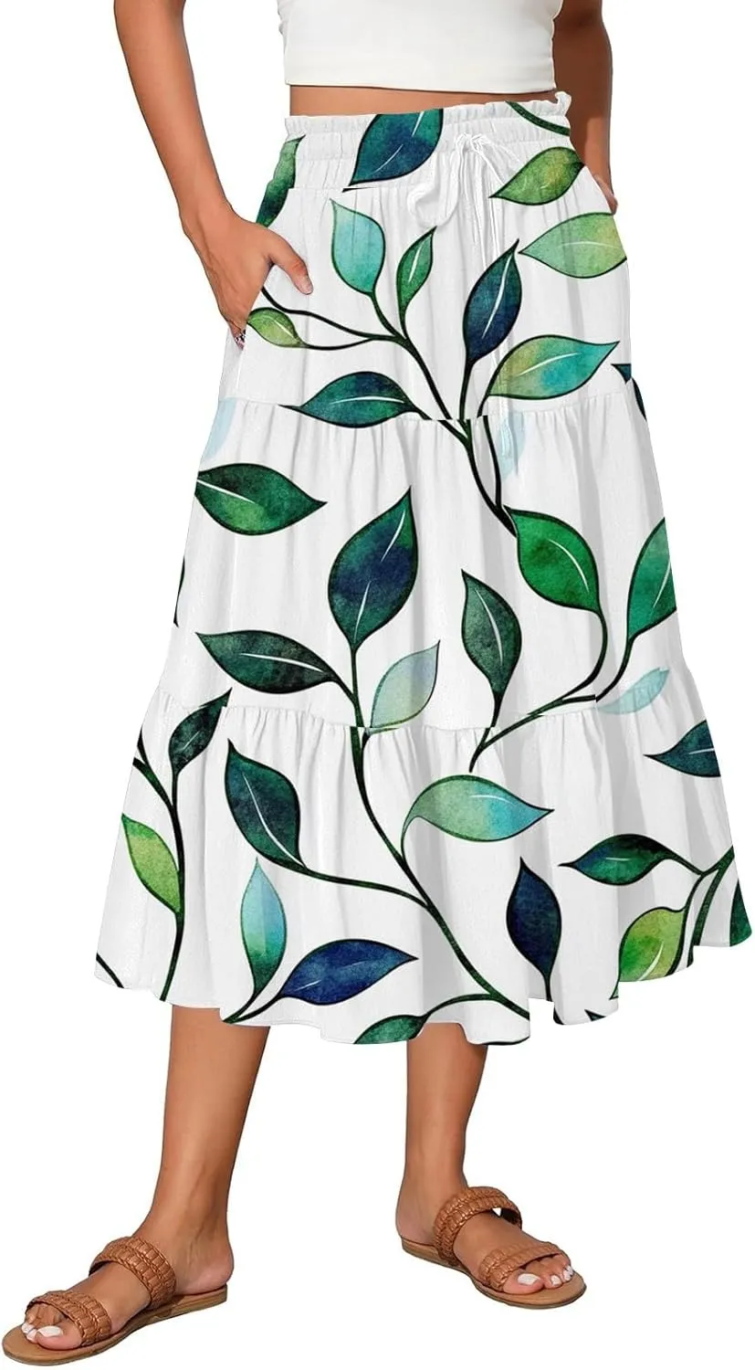 Women's Flowy Midi Skirt 2025 Summer High Waisted Tie Print Smocked Beach Long Skirts with Pockets, S-2XL