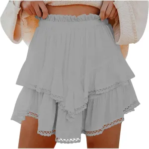 Women's Flowy Shorts High Waist Pleated Mini Skirts Casual Boho Ruffle Tiered Skorts Cute Comfort Cotton Shorts