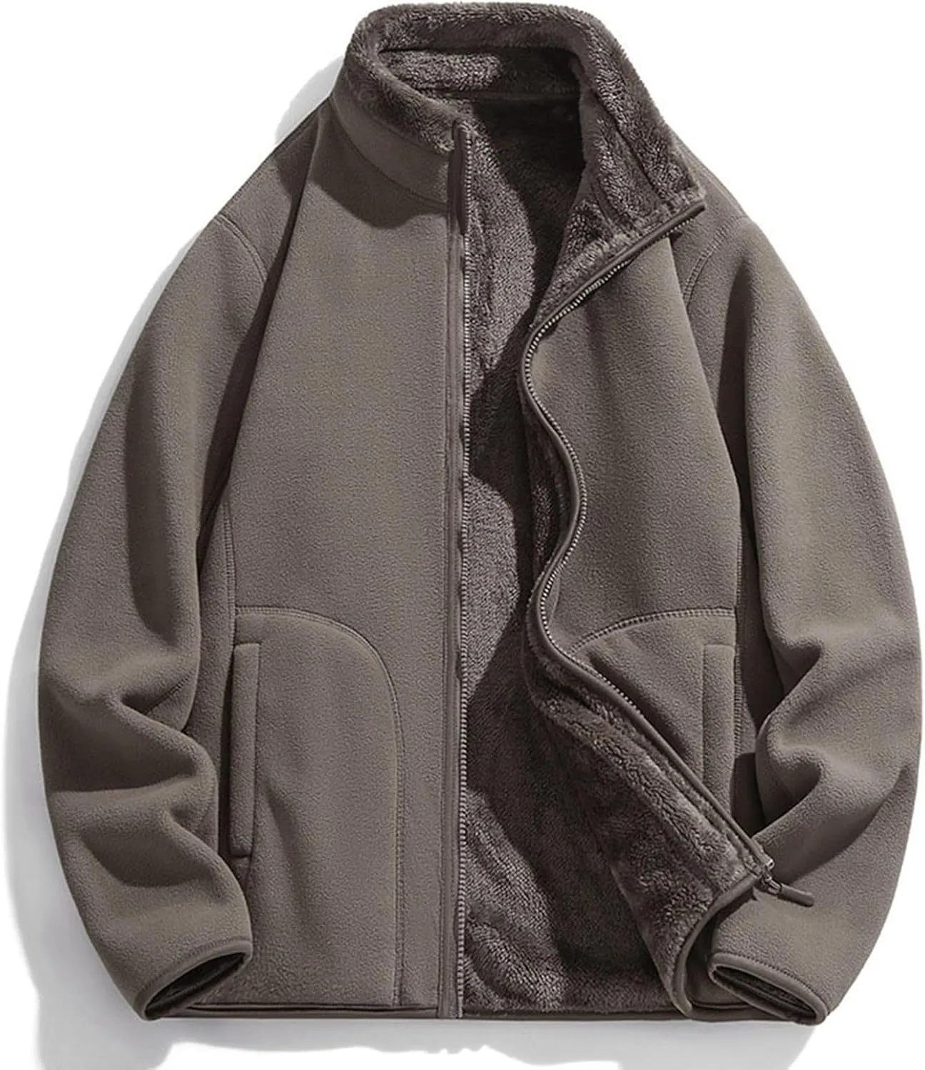 Womens Fuzzy Fleece Jacket Oversized Sherpa Zip Up Stand Collar Sweatshirts Solid Color Casual Winter Warm Outwear