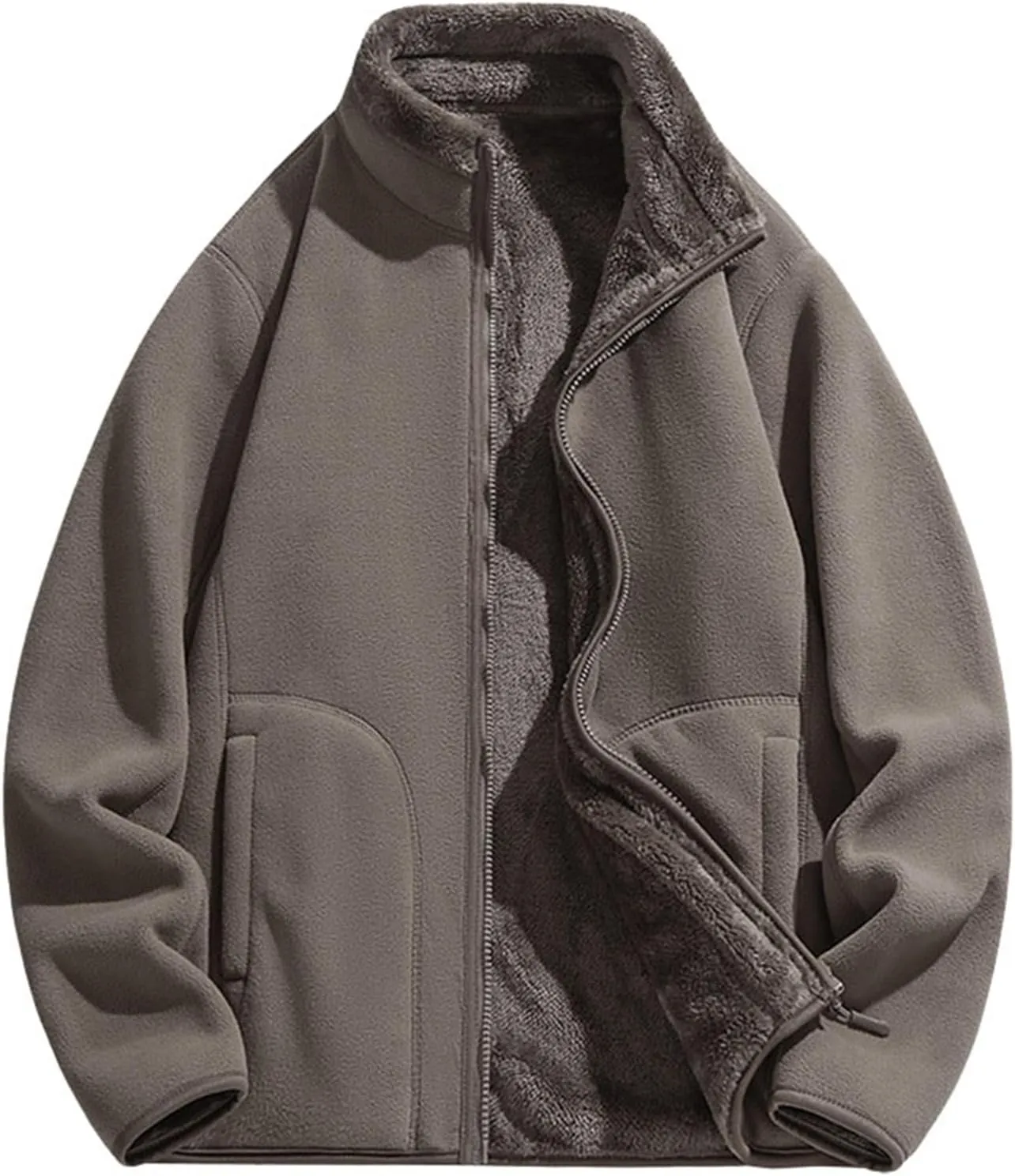 Womens Fuzzy Fleece Jacket Oversized Sherpa Zip Up Stand Collar Sweatshirts Solid Color Casual Winter Warm Outwear